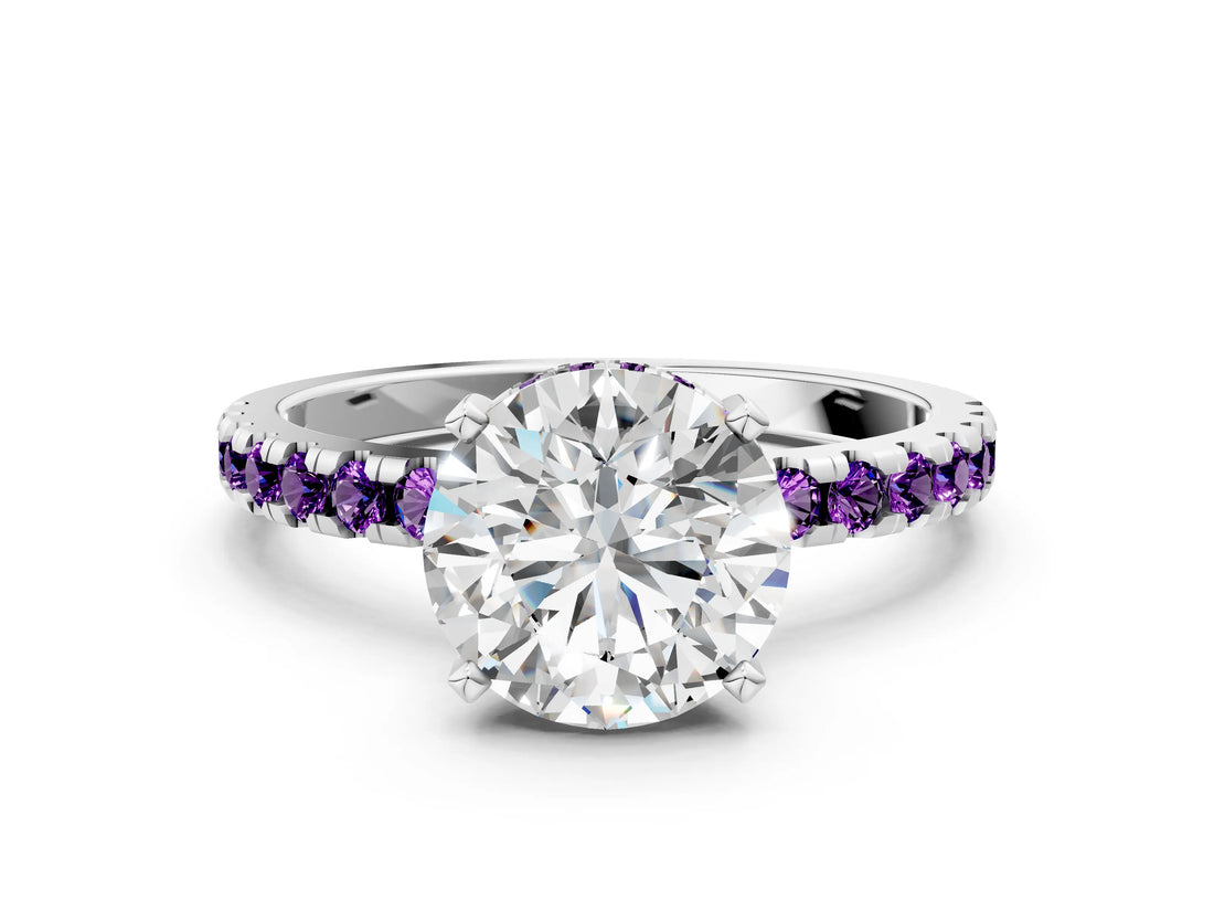 Silver Round Cut Diamond Solitaire Ring with Round with Amethyst side stone Pavé Band and Four-Prong Setting_12