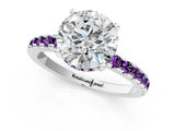 Silver Round Cut Diamond Solitaire Ring with Round with Amethyst side stone Pavé Band and Four-Prong Setting_13