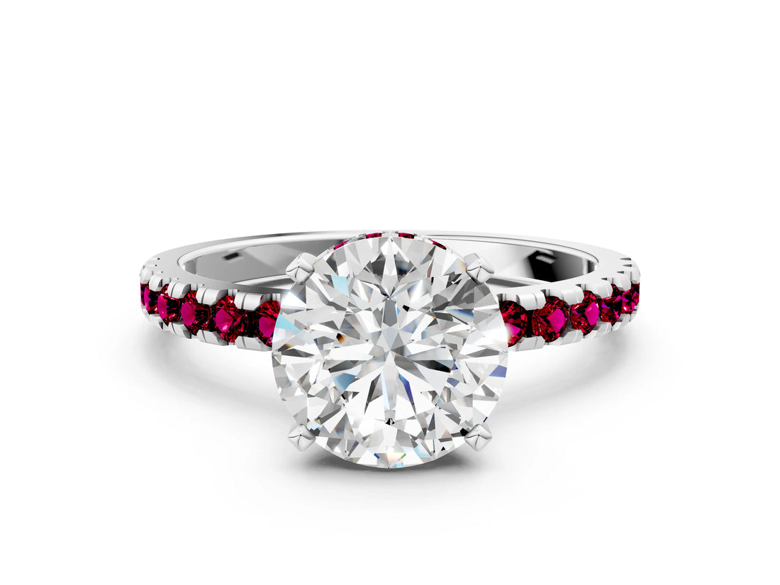 Silver Round Cut Diamond Solitaire Ring with Round with Garnet side stone Pavé Band and Four-Prong Setting_12