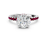 Silver Round Cut Diamond Solitaire Ring with Round with Garnet side stone Pavé Band and Four-Prong Setting_12
