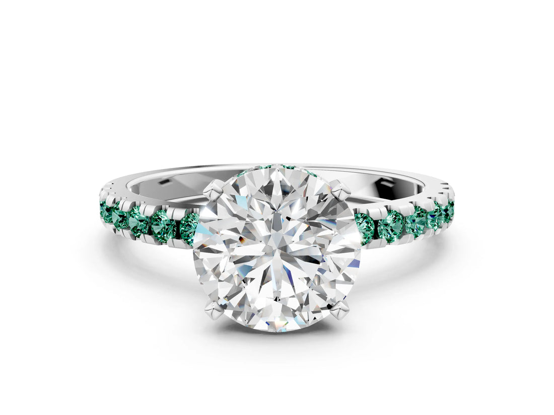 Silver Round Cut Diamond Solitaire Ring with Round with Green Sapphire side stone Pavé Band and Four-Prong Setting_12