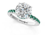 Silver Round Cut Diamond Solitaire Ring with Round with Green Sapphire side stone Pavé Band and Four-Prong Setting_13