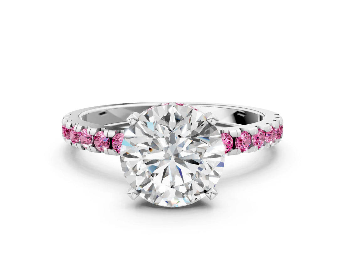 Silver Round Cut Diamond Solitaire Ring with Round with Pink Sapphire side stone Pavé Band and Four-Prong Setting_12