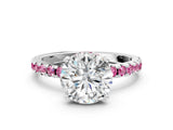 Silver Round Cut Diamond Solitaire Ring with Round with Pink Sapphire side stone Pavé Band and Four-Prong Setting_12