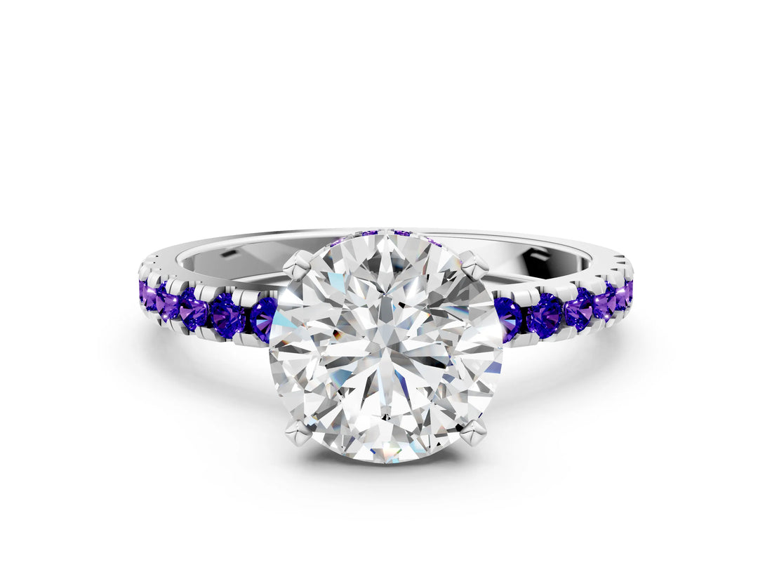 Silver Round Cut Diamond Solitaire Ring with Round with Tanzanite side stone Pavé Band and Four-Prong Setting_120
