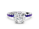 Silver Round Cut Diamond Solitaire Ring with Round with Tanzanite side stone Pavé Band and Four-Prong Setting_120