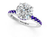 Silver Round Cut Diamond Solitaire Ring with Round with Tanzanite side stone Pavé Band and Four-Prong Setting_121