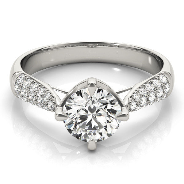 Silver Round Cut Diamond Solitaire with Pave Band and Four-Prong Setting 2