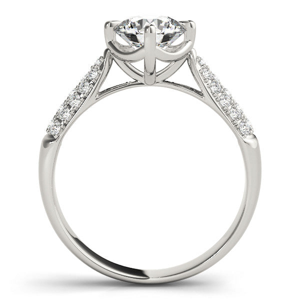 Silver Round Cut Diamond Solitaire with Pave Band and Four-Prong Setting