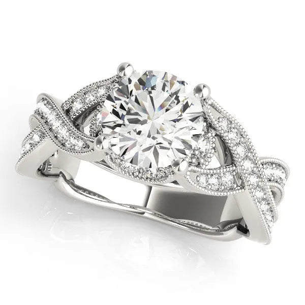 Silver Round Cut Diamond Twisted Band with Milgrain Pave Setting and Four-Prong Setting