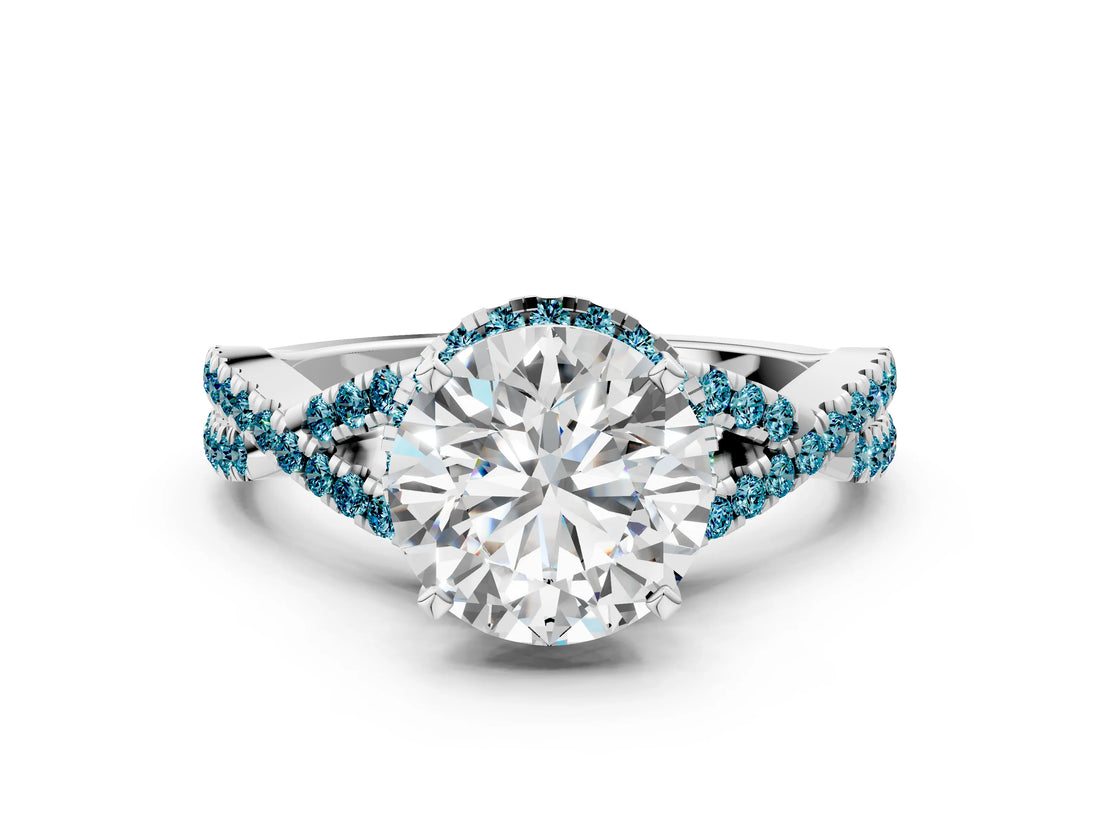 Silver Round Cut Diamond with Blue Topaz side stone Halo Twist Band Solitaire Prong Setting Ring