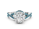 Silver Round Cut Diamond with Blue Topaz side stone Halo Twist Band Solitaire Prong Setting Ring