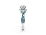 Silver Round Cut Diamond with Blue Topaz side stone Halo Twist Band Solitaire Prong Setting Ring_2