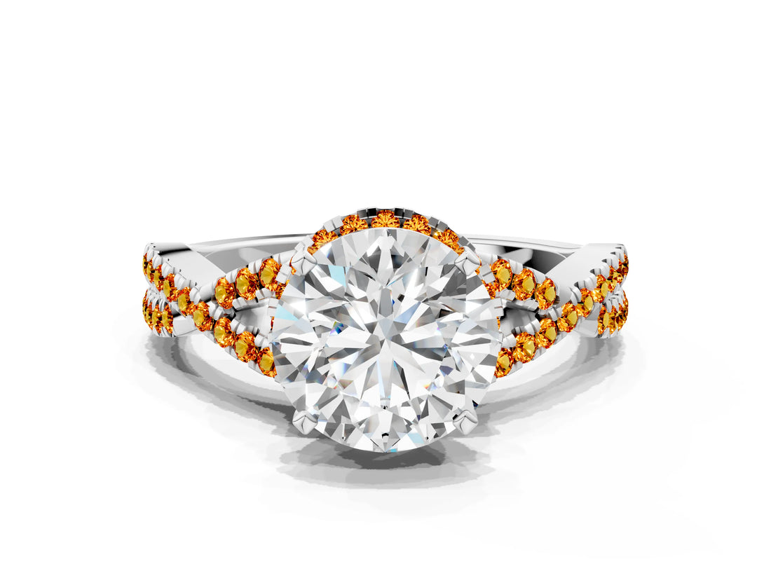 Silver Round Cut Diamond with Citrine side stone Halo Twist Band Solitaire Prong Setting Ring