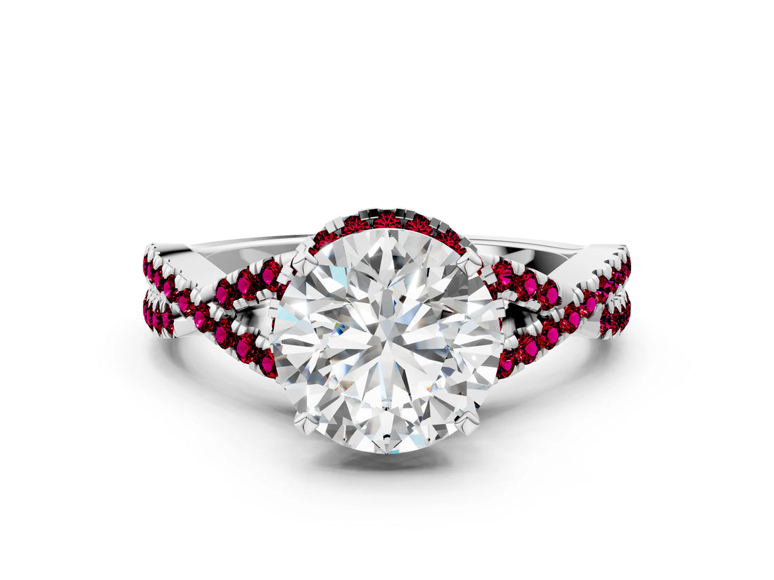 Silver Round Cut Diamond with Garnet side stone Halo Twist Band Solitaire Prong Setting Ring