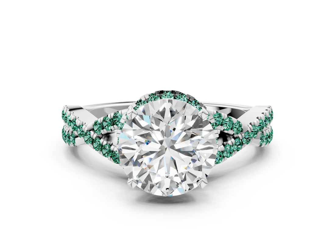 Silver Round Cut Diamond with Green Sapphire side stone Halo Twist Band Solitaire Prong Setting Ring