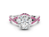 Silver Round Cut Diamond with Pink Sapphire side stone Halo Twist Band Solitaire Prong Setting Ring