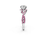 Silver Round Cut Diamond with Pink Sapphire side stone Halo Twist Band Solitaire Prong Setting Ring_2