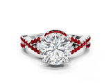 Silver Round Cut Diamond with Ruby side stone Halo Twist Band Solitaire Prong Setting Ring