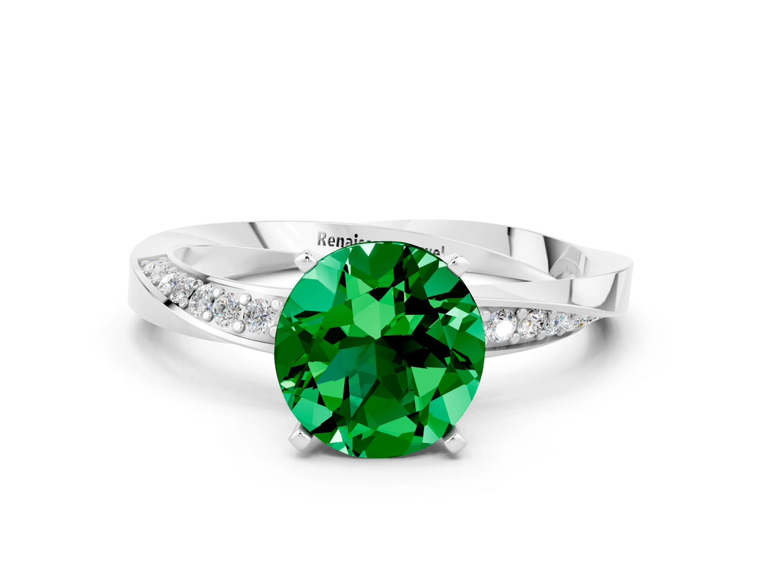 Silver Round Cut Emerald Engagement Ring with Side Stone Accents and Four-Prong Setting_12