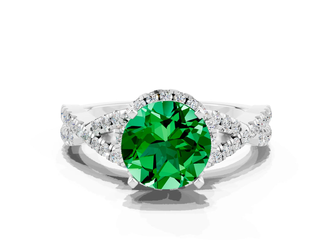 Silver Round Cut Emerald  Halo Twist Band Solitaire Prong Setting Ring_12