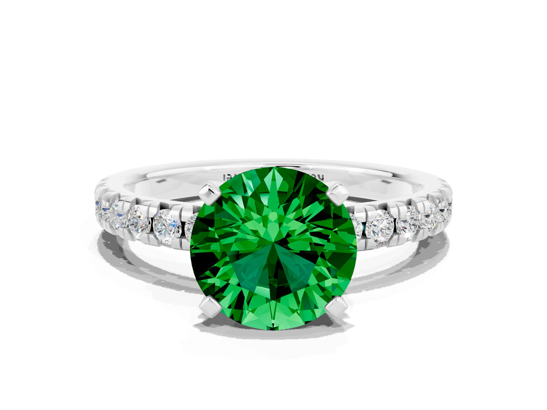 Silver Round Cut Emerald Solitaire Pavé Engagement Ring with Round Band and Prong Setting_90