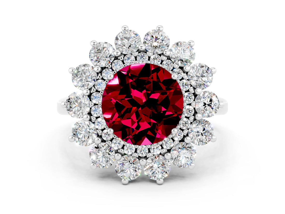 Silver Round Cut Garnet Floral Double Halo Engagement Ring with Prong Setting_145