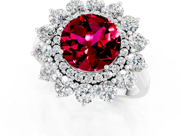 Silver Round Cut Garnet Floral Double Halo Engagement Ring with Prong Setting
