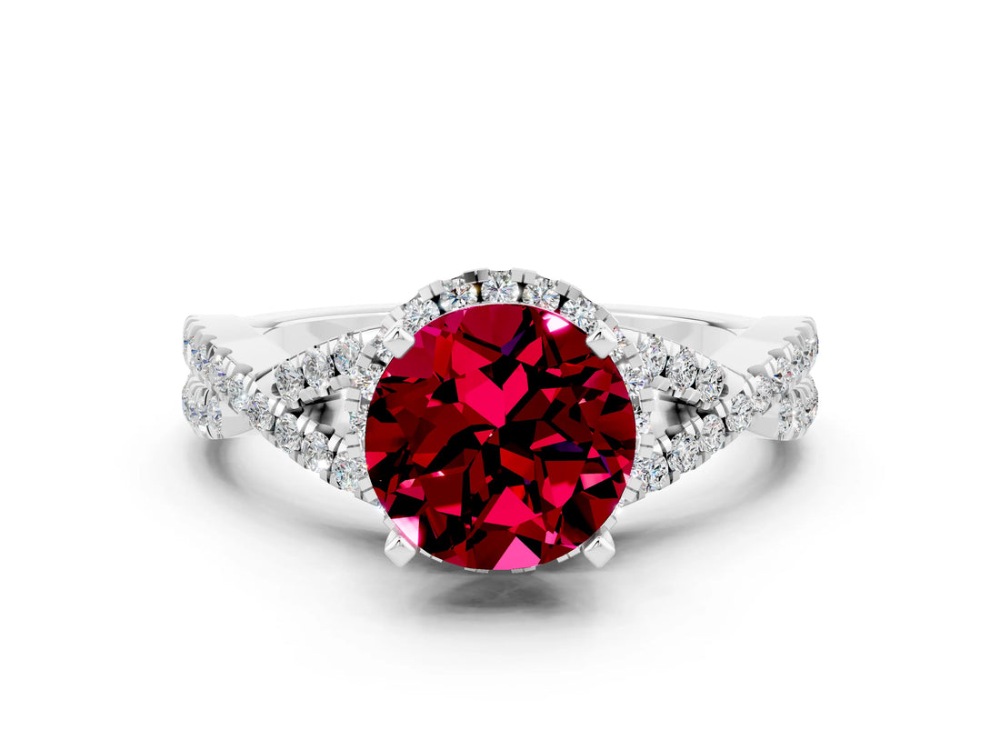 Silver Round Cut Garnet  Halo Twist Band Solitaire Prong Setting Ring_12