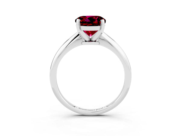 Silver Round Cut Garnet Solitaire Engagement Ring with Classic Band and Four-Prong Setting