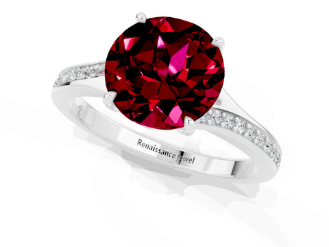 Silver Round Cut Garnet Solitaire Ring with Pavé Band and Prong Setting_13