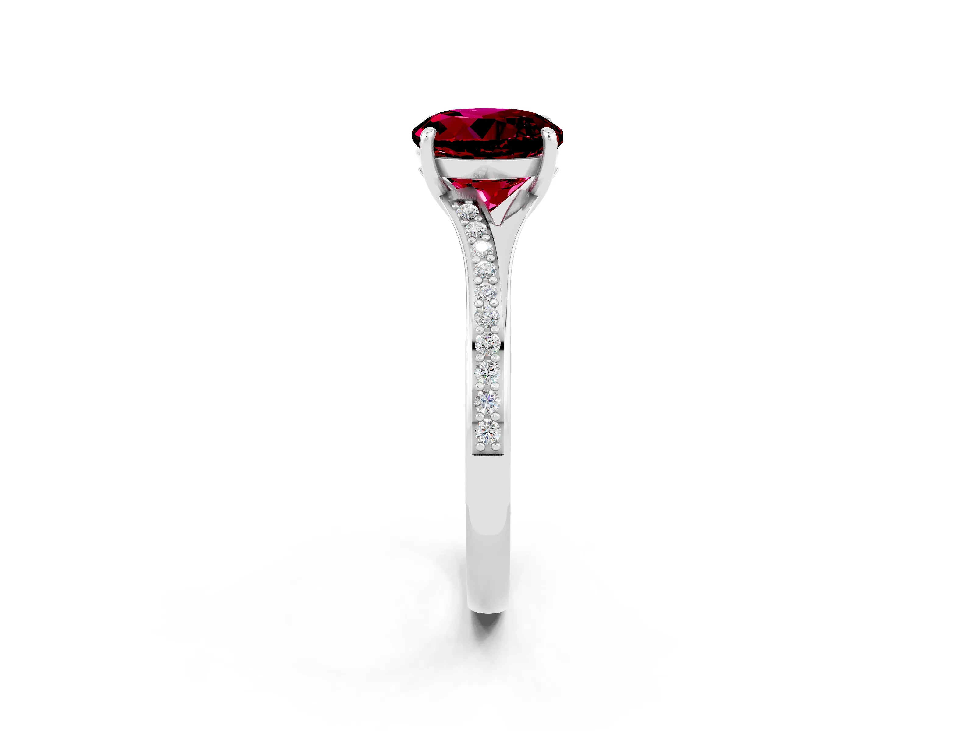 Silver Round Cut Garnet Solitaire Ring with Pavé Band and Prong Setting_14