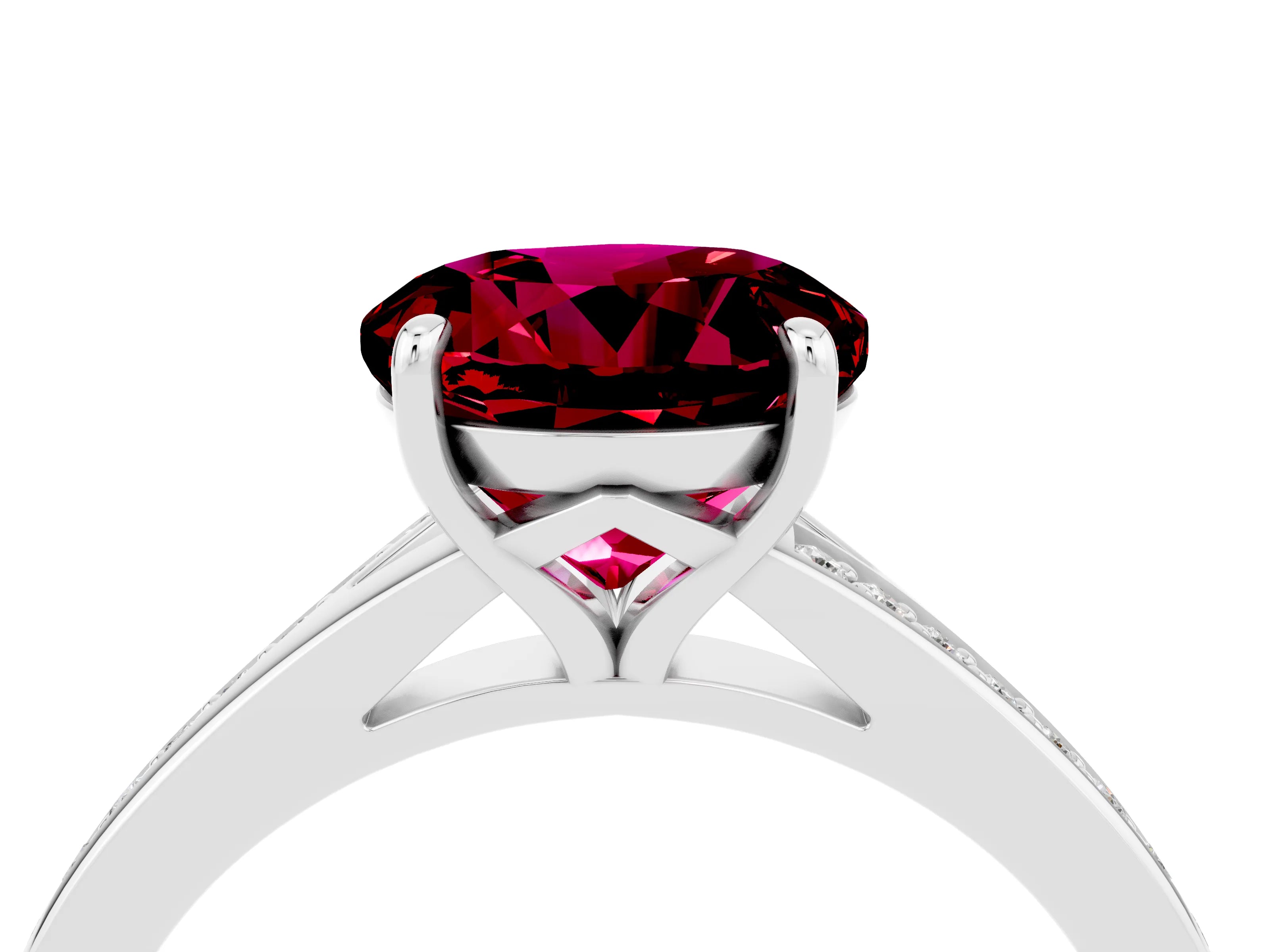 Silver Round Cut Garnet Solitaire Ring with Pavé Band and Prong Setting_16