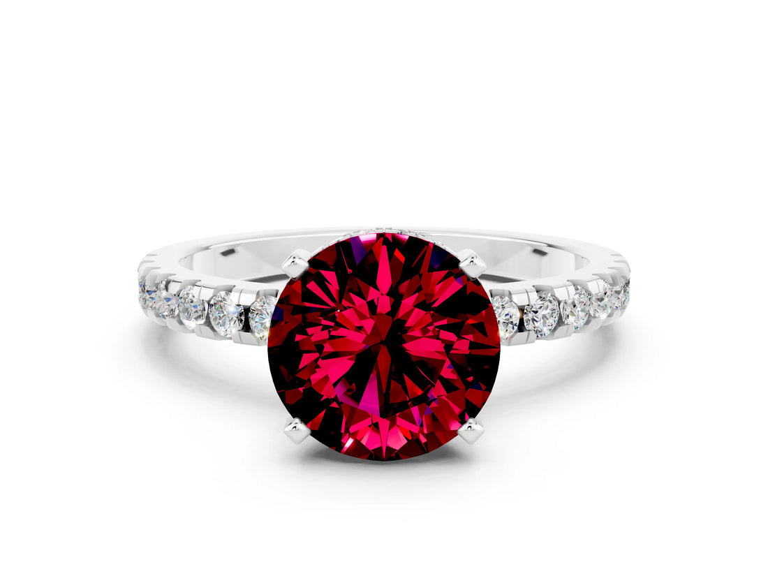 Silver Round Cut Garnet Solitaire Ring with Round  Pavé Band and Four-Prong Setting_30