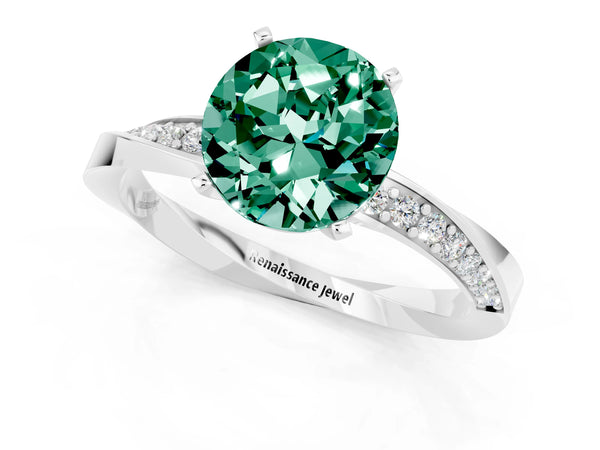Silver Round Cut Green Sapphire Engagement Ring with Side Stone Accents and Four-Prong Setting