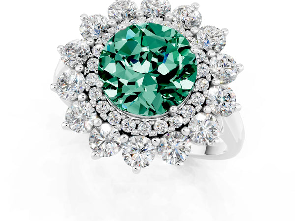 Silver Round Cut Green Sapphire Floral Double Halo Engagement Ring with Prong Setting