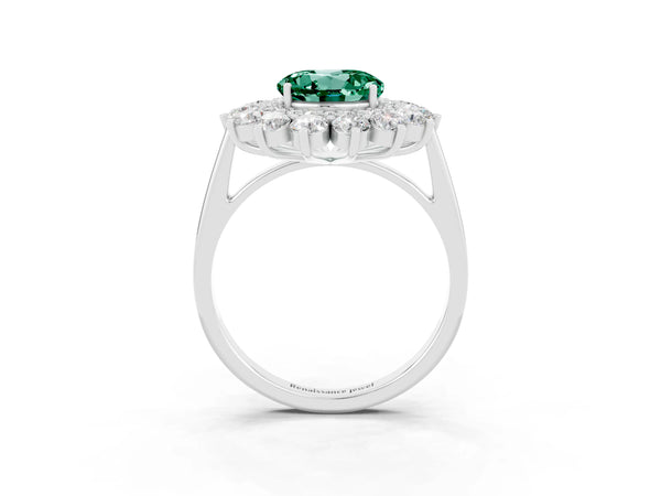 Silver Round Cut Green Sapphire Floral Double Halo Engagement Ring with Prong Setting