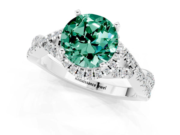 Silver Round Cut Green Sapphire  Halo Twist Band Solitaire Prong Setting Ring