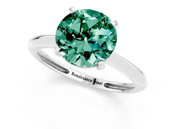 Silver Round Cut Green Sapphire Solitaire Engagement Ring with Classic Band and Four-Prong Setting