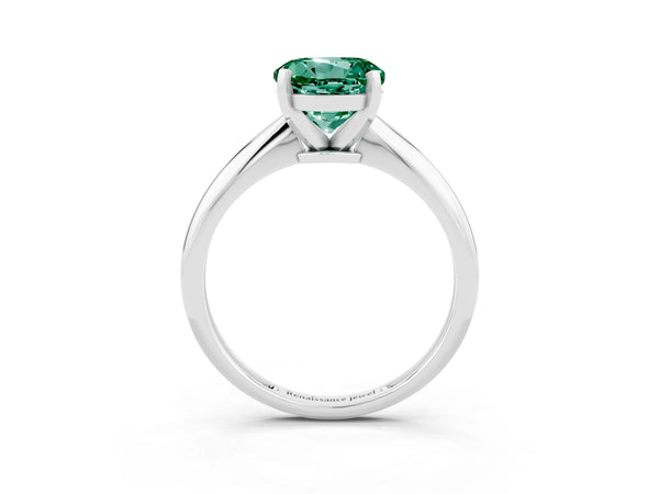 Silver Round Cut Green Sapphire Solitaire Engagement Ring with Classic Band and Four-Prong Setting