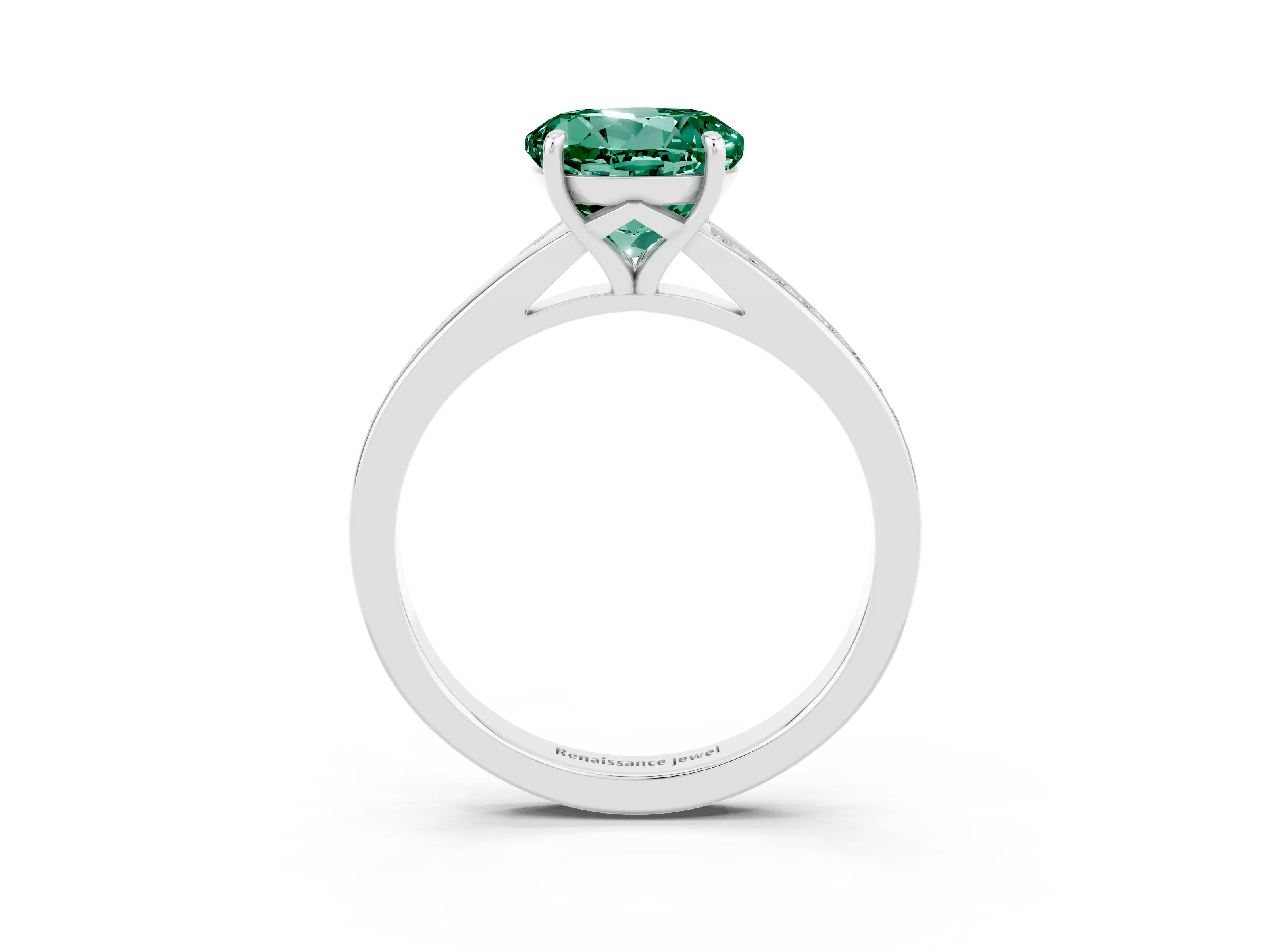 Silver Round Cut Green Sapphire Solitaire Ring with Pavé Band and Prong Setting_15