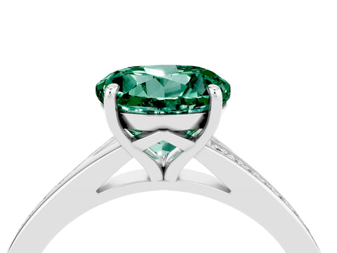 Silver Round Cut Green Sapphire Solitaire Ring with Pavé Band and Prong Setting_16