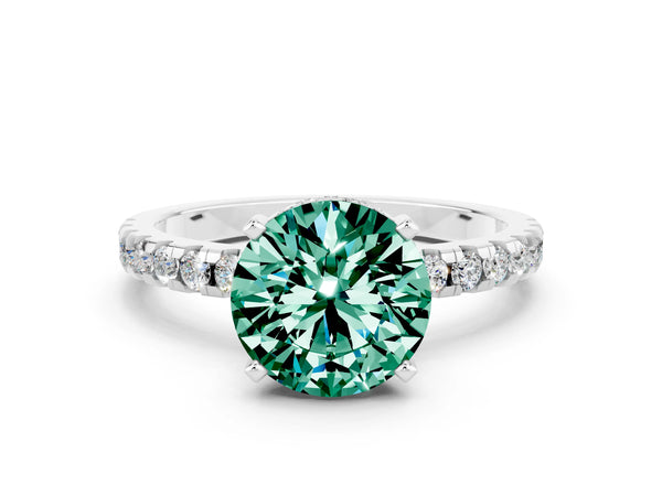 Silver Round Cut Green Sapphire Solitaire Ring with Round Pavé Band and Four-Prong Setting
