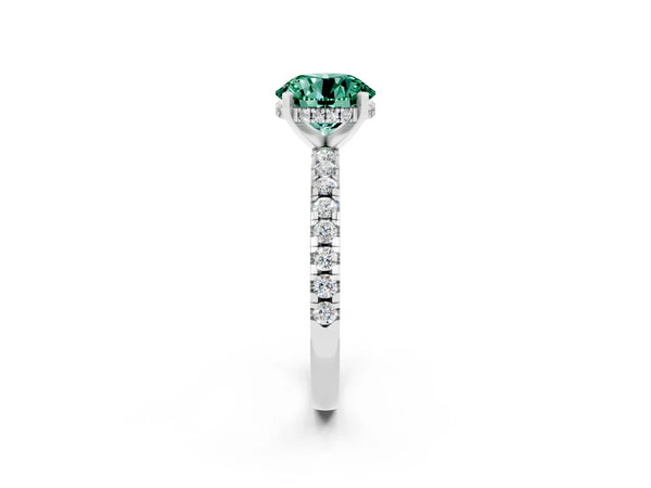 Silver Round Cut Green Sapphire Solitaire Ring with Round Pavé Band and Four-Prong Setting