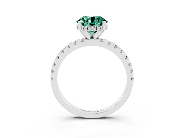 Silver Round Cut Green Sapphire Solitaire Ring with Round Pavé Band and Four-Prong Setting