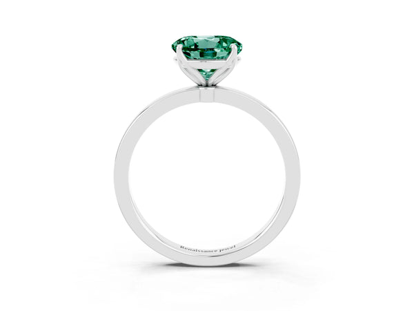 Silver Round Cut Green Sapphire Solitaire Ring with Thin Band and Prong Setting