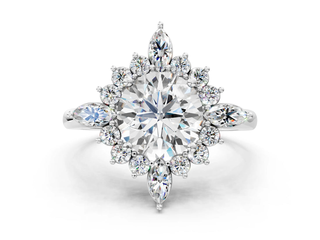 Silver Round Cut Halo Diamond Cluster Ring with Marquise and Round Stones on a White Gold Band with Prong Setting_13