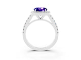 Silver Round Cut Halo Diamond Ring with Pavé Band and Three-Prong Setting_12