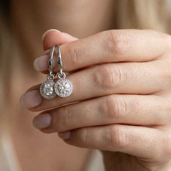 Silver Round Cut Milgrain Bezel Set Leverback Earrings