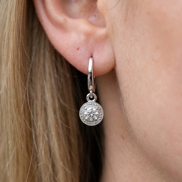 White gold Round Cut Milgrain Bezel Set Leverback Earrings